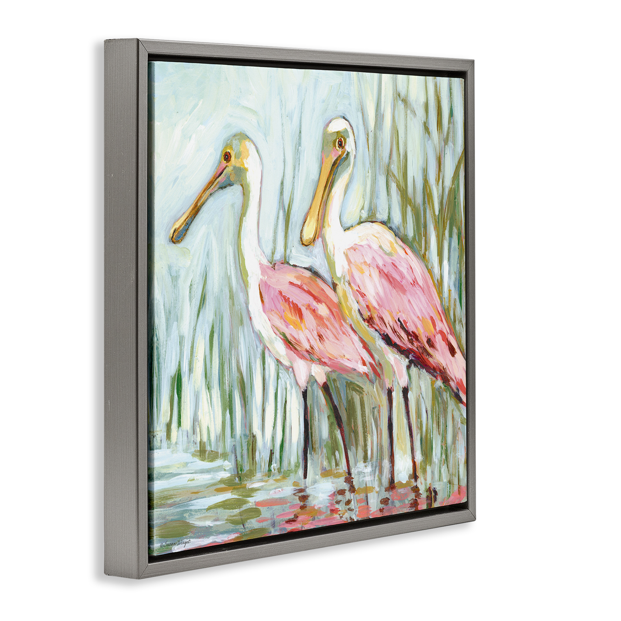 Stupell Industries Spoonbill Birds Pair Animals Painting Gray Floater Framed Canvas Art Print Wall Art, 18 x 18