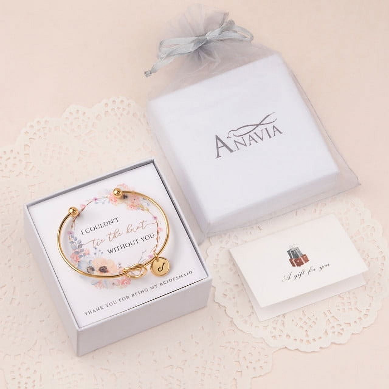 Anavia Women "I Couldn’t Tie the Knot Without You" Personalized Bridesmaid Gift, Bridesmaid Proposal Bracelet, Tie the Knot Jewelry, Custom Initial Engraving Bracelet, Bridal Party Wedding Gift Set