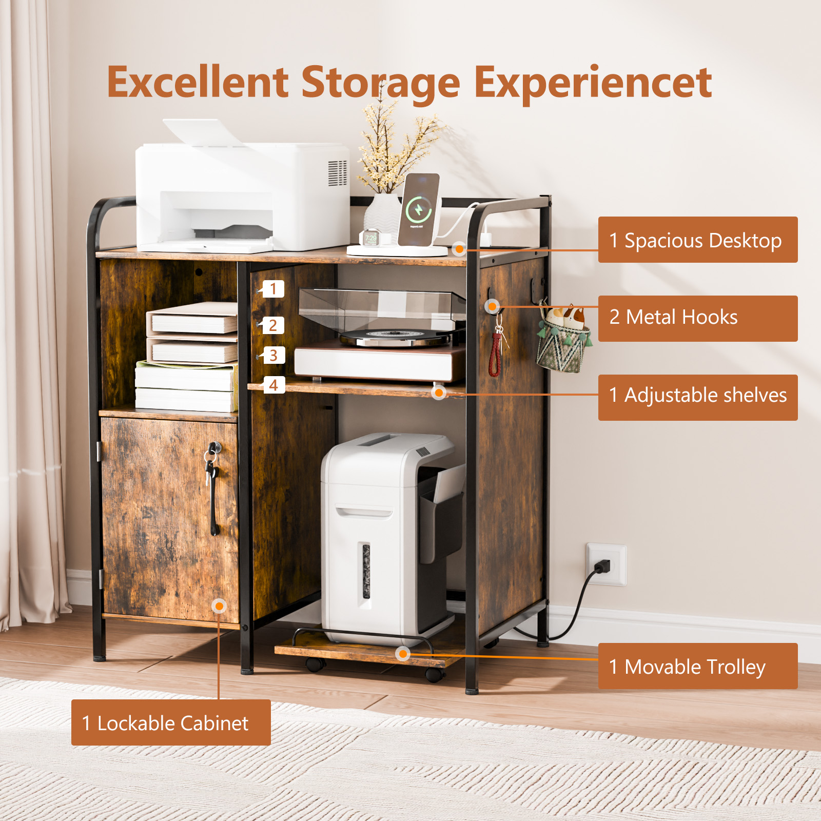 1 Cabinet Door 3-Layer Printer Rack P2 Particleboard + Iron Pipes & Melamine Veneer + Powder-Coated Storage Rack, 31.5*17.72*35.43in, Rotten Wood