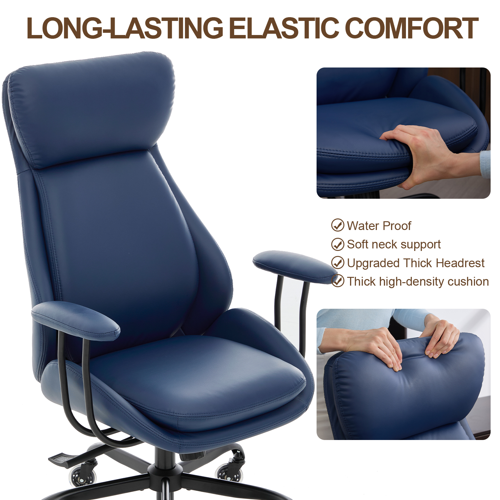 E-Motie Home Office Desk Chair, Ergonomic Computer Chair with Lumbar Support and Head Support, High Back Office Chair with Armrests, Adjustable Height, Rubber Casters, Blue Leather