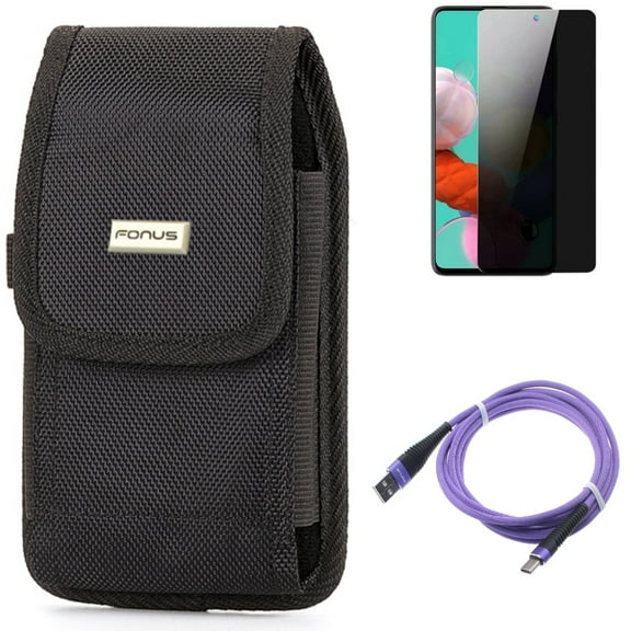 Privacy Screen Protector & 10ft USB Cable & Case Belt Clip for Samsung Galaxy S20 Fan Edition - Tempered Glass Anti-Spy   Purple Type-C   Rugged Holster Combo