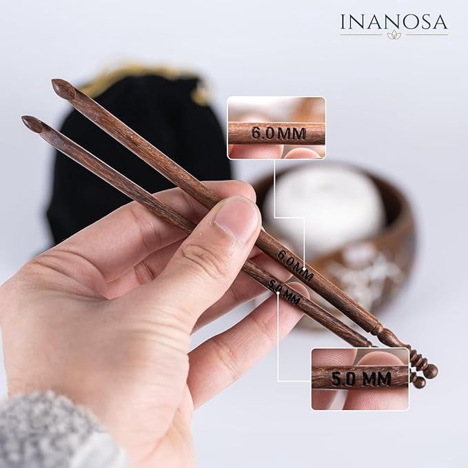 Rosewood Wooden Yarn Bowl for Crocheting Large 7X4 Inch, Cute Crochet Hooks of 5 & 6 mm with Knitting Bowl for Yarn, Best Gift for Crochet Lovers from Craft Supplier Brand INANOSA with Velvet Bag