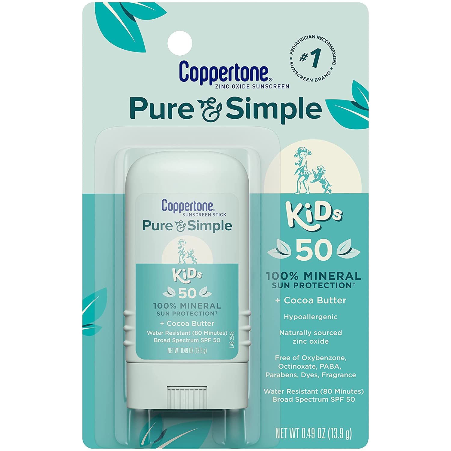 Coppertone Pure & Simple Kids Zinc Oxide Sunscreen Stick SPF 50, 0.49oz - Pack of 2