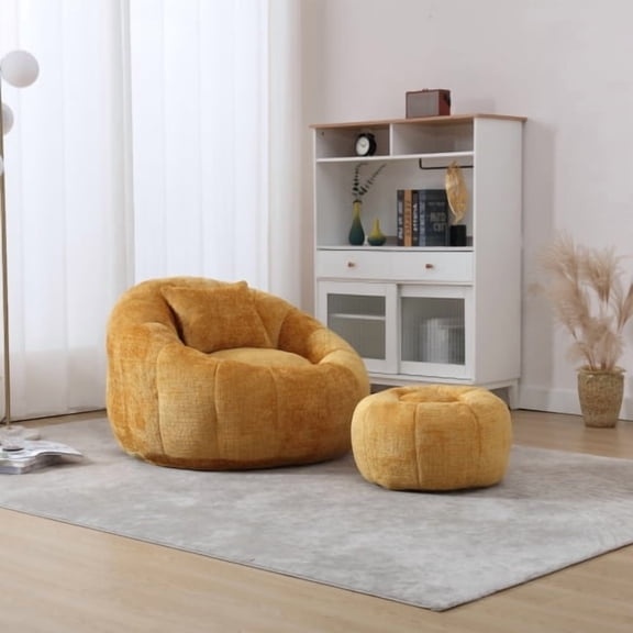Modern Bean Bag Chair with Ottoman, Chenille Fabric Round Lounge Chair for Adults, Memory Foam Filled Single Seater with Pillow for Living Room, Bedroom and Apartment, Yellow