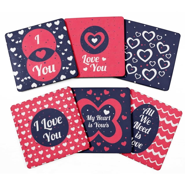 Inkdotpot Set of 6 Drink Coasters Easy Clean 4-inch SquareCoastersCork Base,Reusable,Love