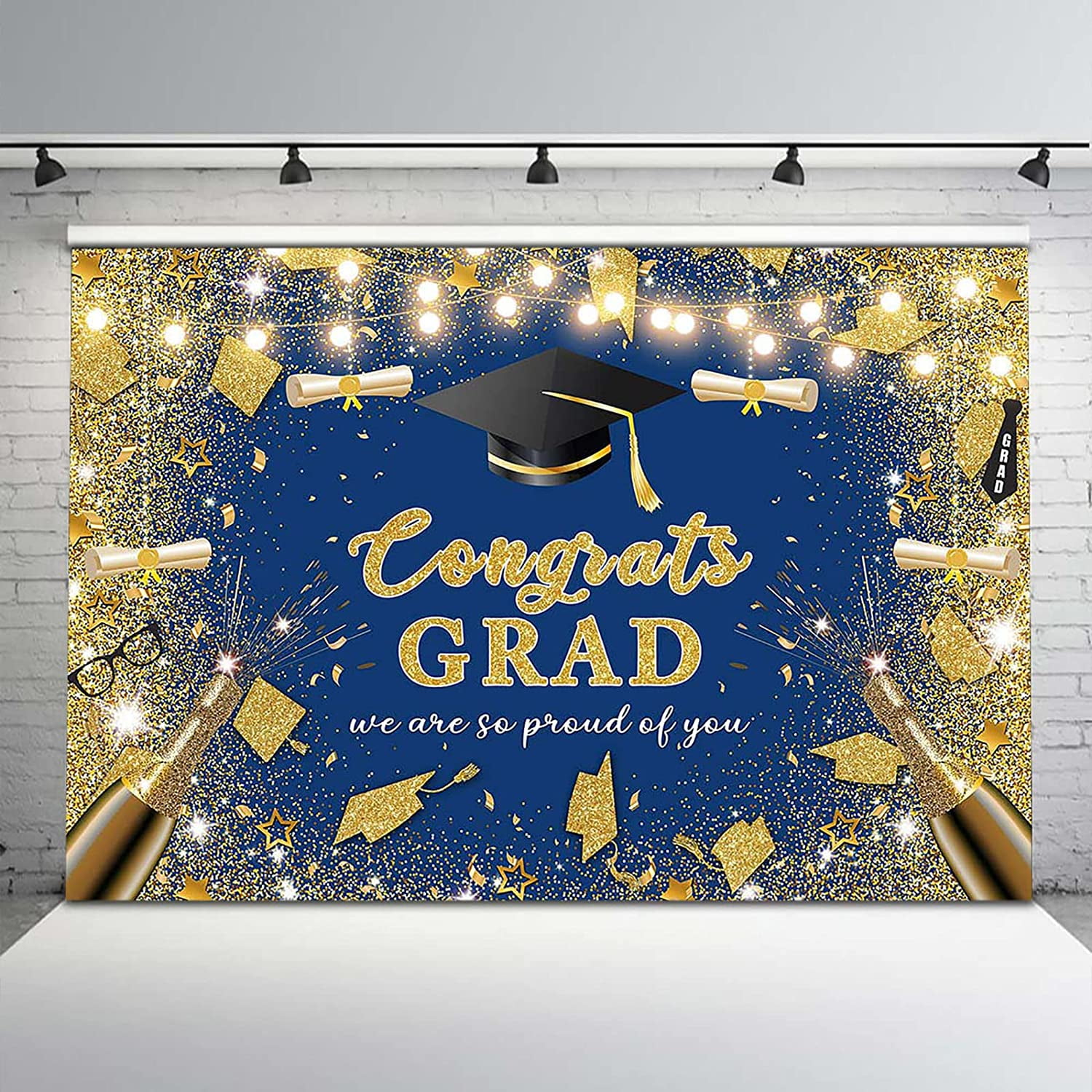 Royal Blue and Gold Congrats Grad Backdrop Glitter Dots Champagne Class