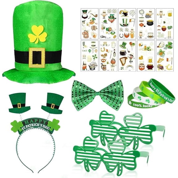 St. Patricks Day Decorations, St Patricks Day Party Favors Shamrock Glasses Hat Headband Tattoos Stickers, St. Patrick's Day Decor Accessories Supplies