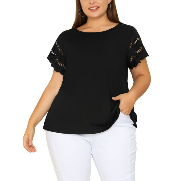 Agnes Orinda Women's Plus Size Tops Lace Panel Short Sleeves Spring Summer Solid Work Blouses 3X Black