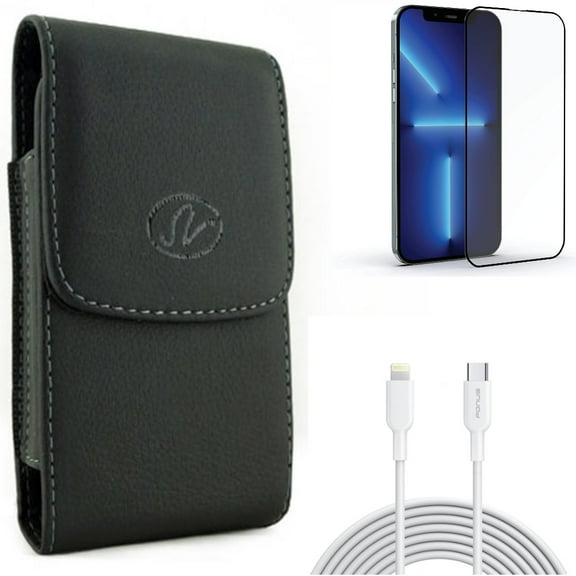 Screen Protector & 10ft PD Cable & Case Belt Clip for iPhone 13 Pro Max ONLY - Anti-Glare Tempered Glass Matte   USB-C Fast Charger Long   Leather Holster Cover Combo