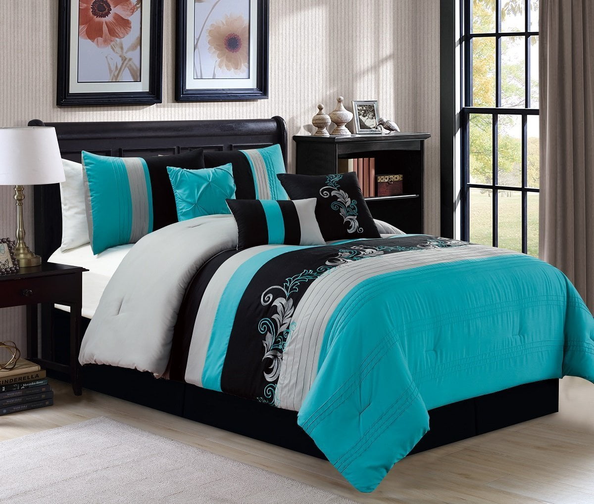 DCP 7Pcs Luxury Embroidery Oversized Bedding Set Comforter Set,Queen,Taima 