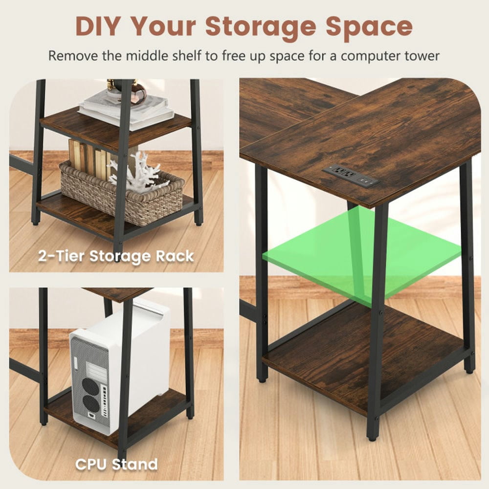 Kadyn L-Shaped Desk, Corner Computer Desk, Home Office Desk, L Shaped Corner Computer Desk with Storage Shelves-Brown