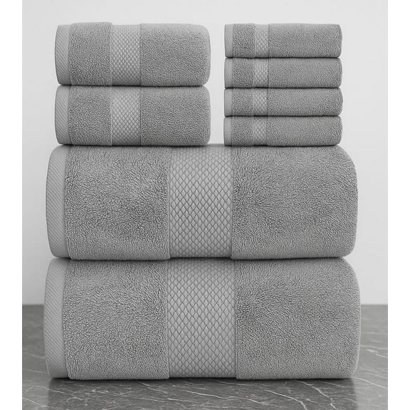 White Classic Luxury Bath Towel Set of 8 Pieces - 100% Turkish Cotton 700 GSM Highly Absorbent Towels for Bathroom, 2 Bath Towels, 2 Hand Towels, 4 Washcloths - Light Grey