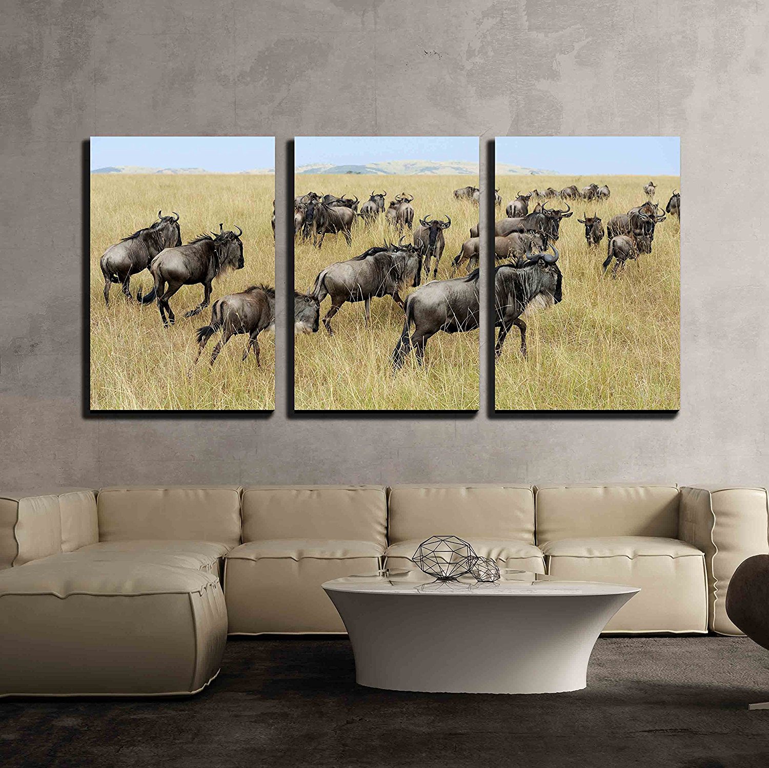 wall26 3 Piece Canvas Wall Art Wildebeest in National Park of Kenya