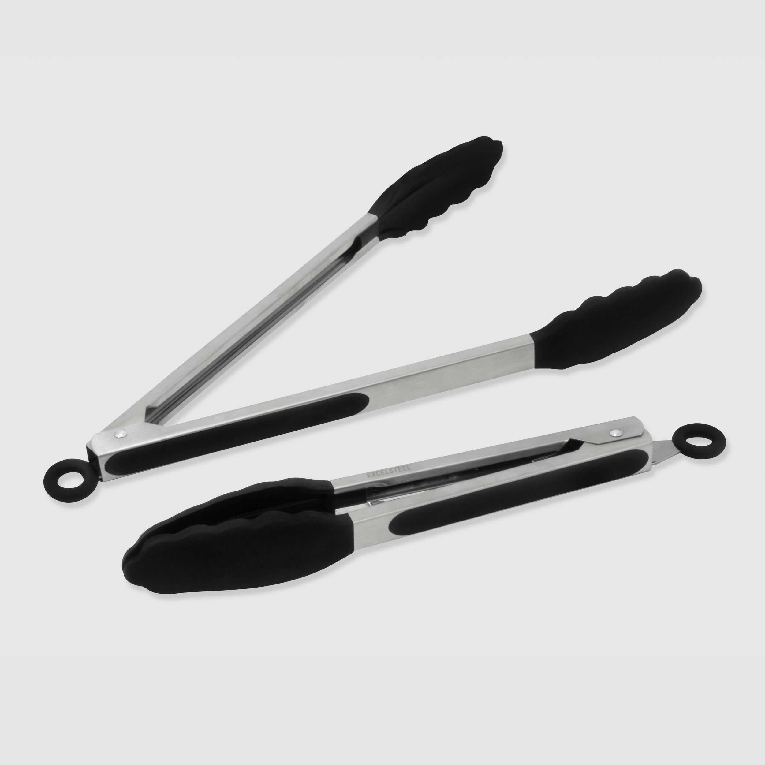 9" and 12" Stainless Steel Black Silicone Cooking Tongs Set