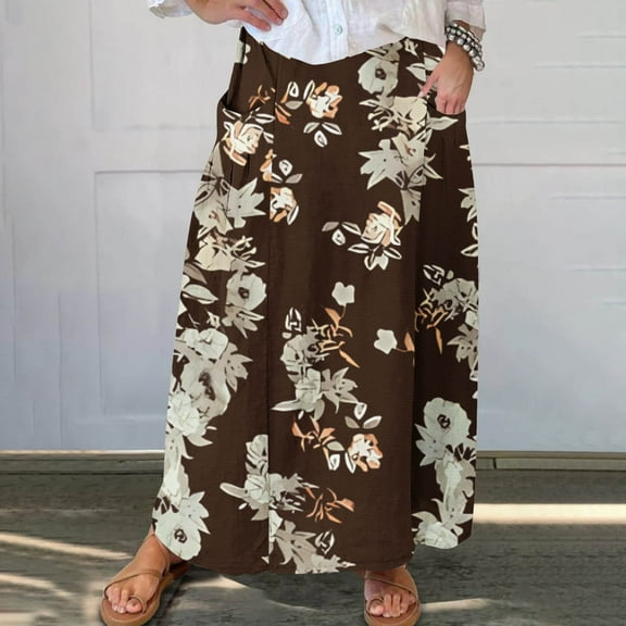 WXLWZYWL Women Flowy Maxi Skirt Floral Print Fall Casual Boho High Elatic Waist Loose Long Skirt with Pockets