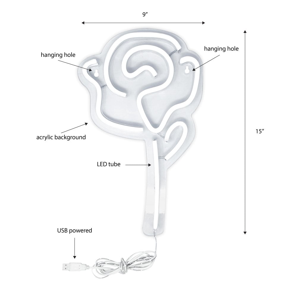 Isaac Jacobs 15" x 9" LED Neon Pink Rose Flower with Green Stem Wall Sign, Powered by USB Wire