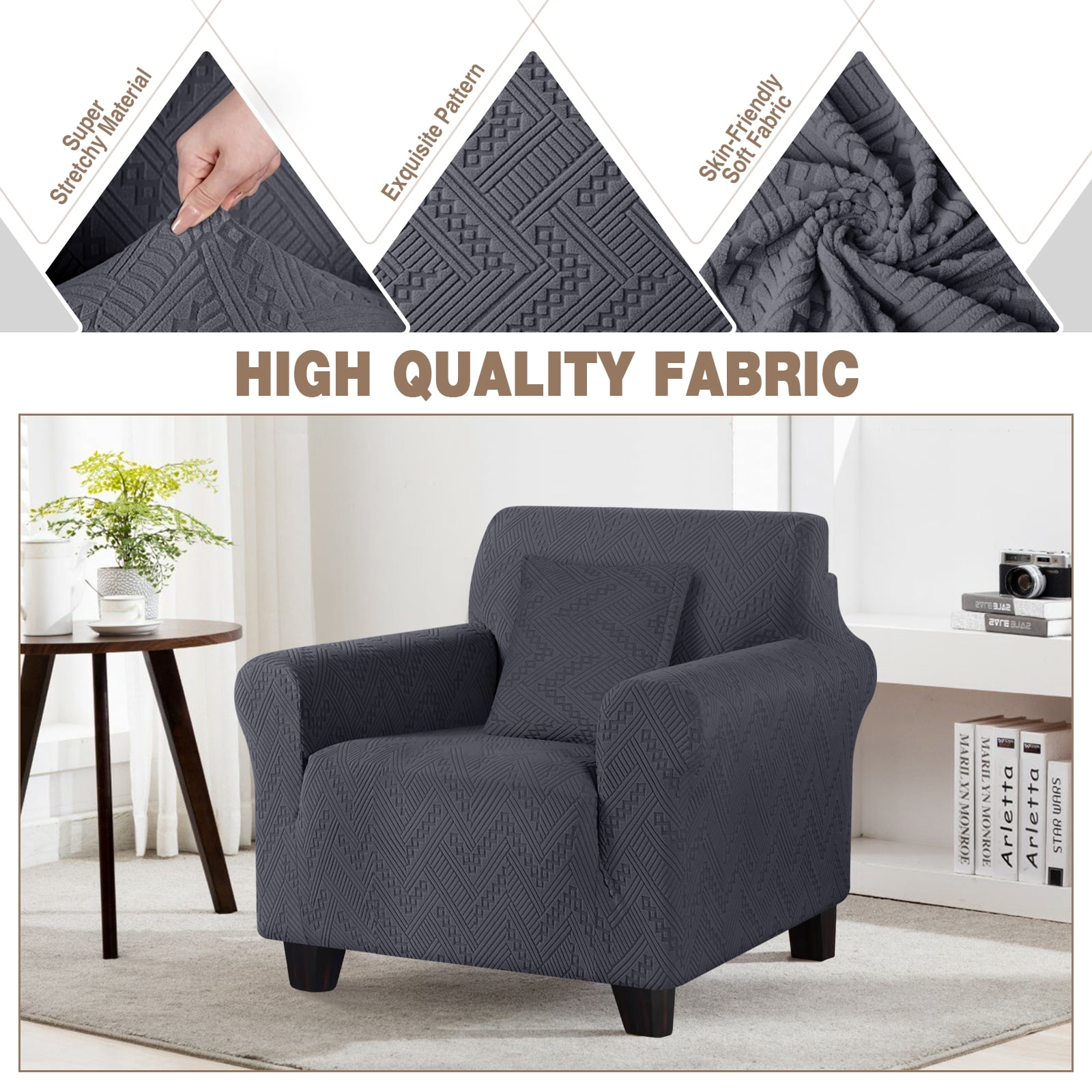 Timeles 1 Piece Stretch Sofa Slipcover Non Slip Armchair Cover Soft Jacquard Couch Cover Washable Furniture Protector with 1 Throw Pillow Cover (1 Seater, Dark Gray)
