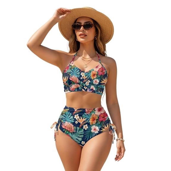 Garronmavis High Waisted Bikini Sets for Women Tropical Pineapple 2 Piece Twist Front Tummy Control Swimwear Crisscross Tie Back Drawstring Summer Beach Bathing Suits