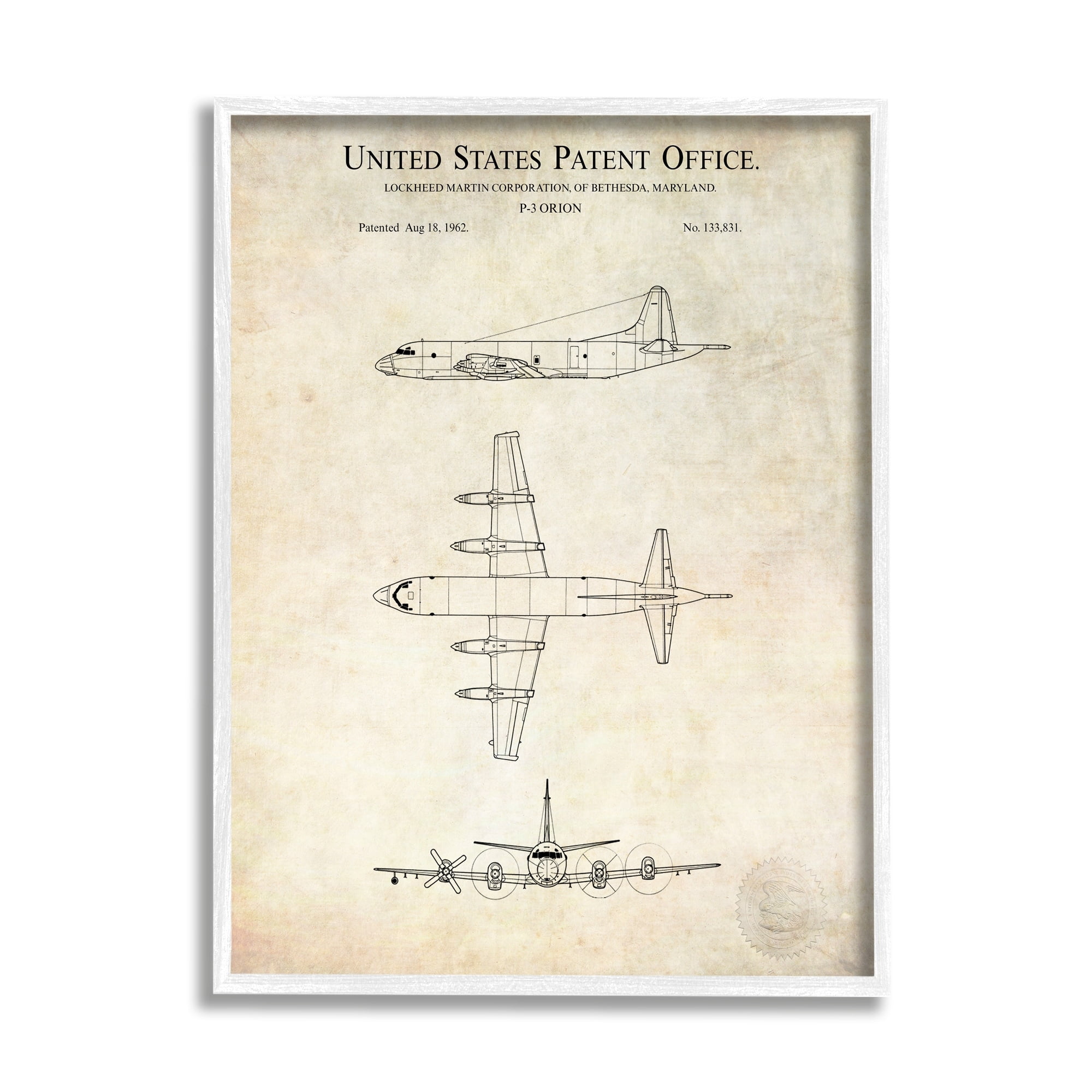 Stupell Industries Vintage Airplane Aircraft Diagram Patent Blueprint Diagram Framed Wall Art, 16 x 20, Design by Karl Hronek