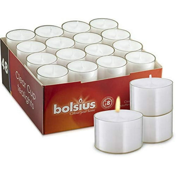 BOLSIUS Genuine Tea Light Candles in Clear Holder Cups Bulk 48 Set. Long Burning 8hr, Unscented, for Mood, Dinners, Parities, Home, Decoration, Wedding, Crafts