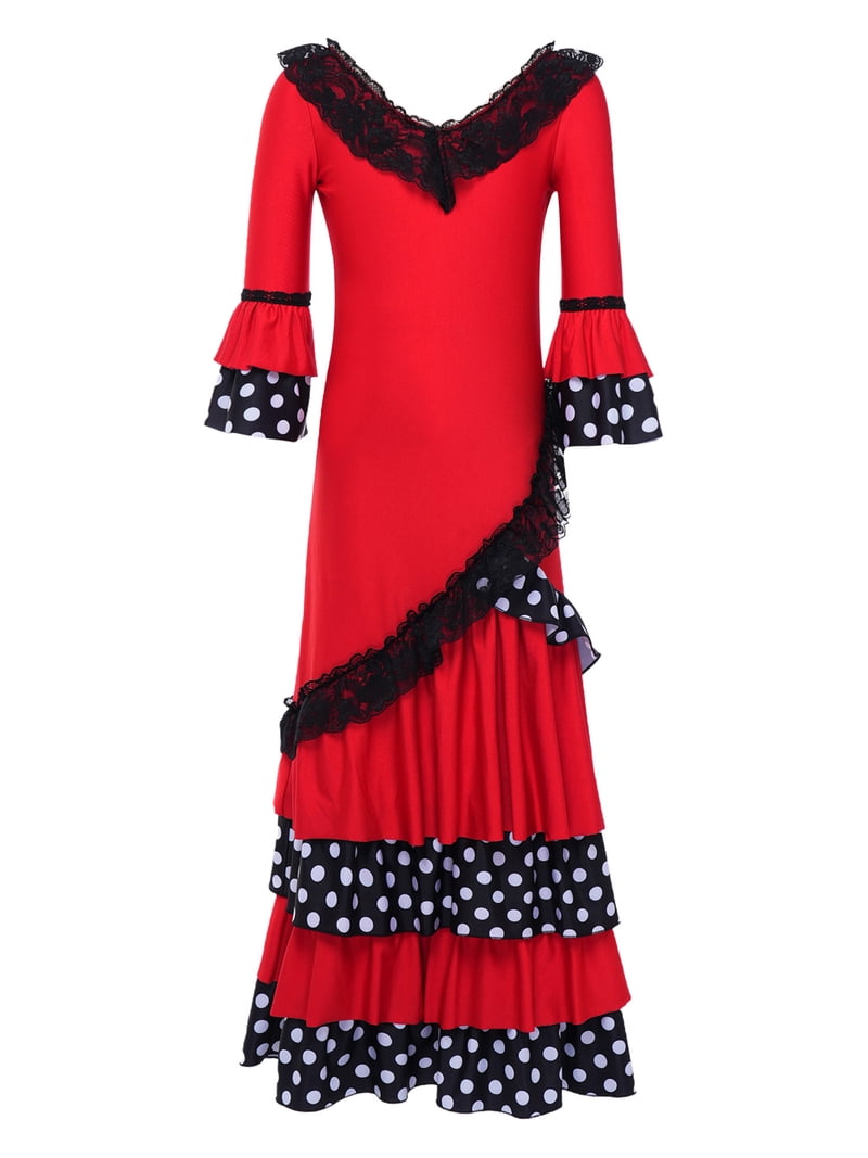 TSSOE Girls Spanish Flamenco Dance Lace Trim Ruffle Sleeve Folklorico Latin Dancer Dress for Performance Red 6