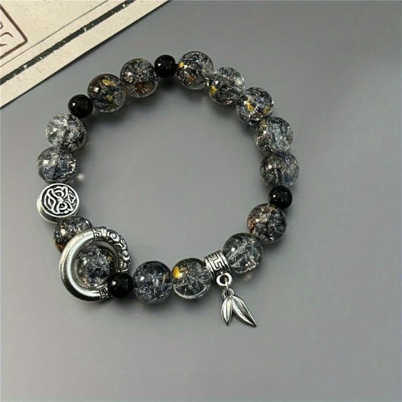 Visually Appealing Ice-Cracked Beaded Bracelet with Leaf Charm - Fashionable Glass Crafted, Multi-Color, High-End Running Ring Design for Men and Women,S113 1pc