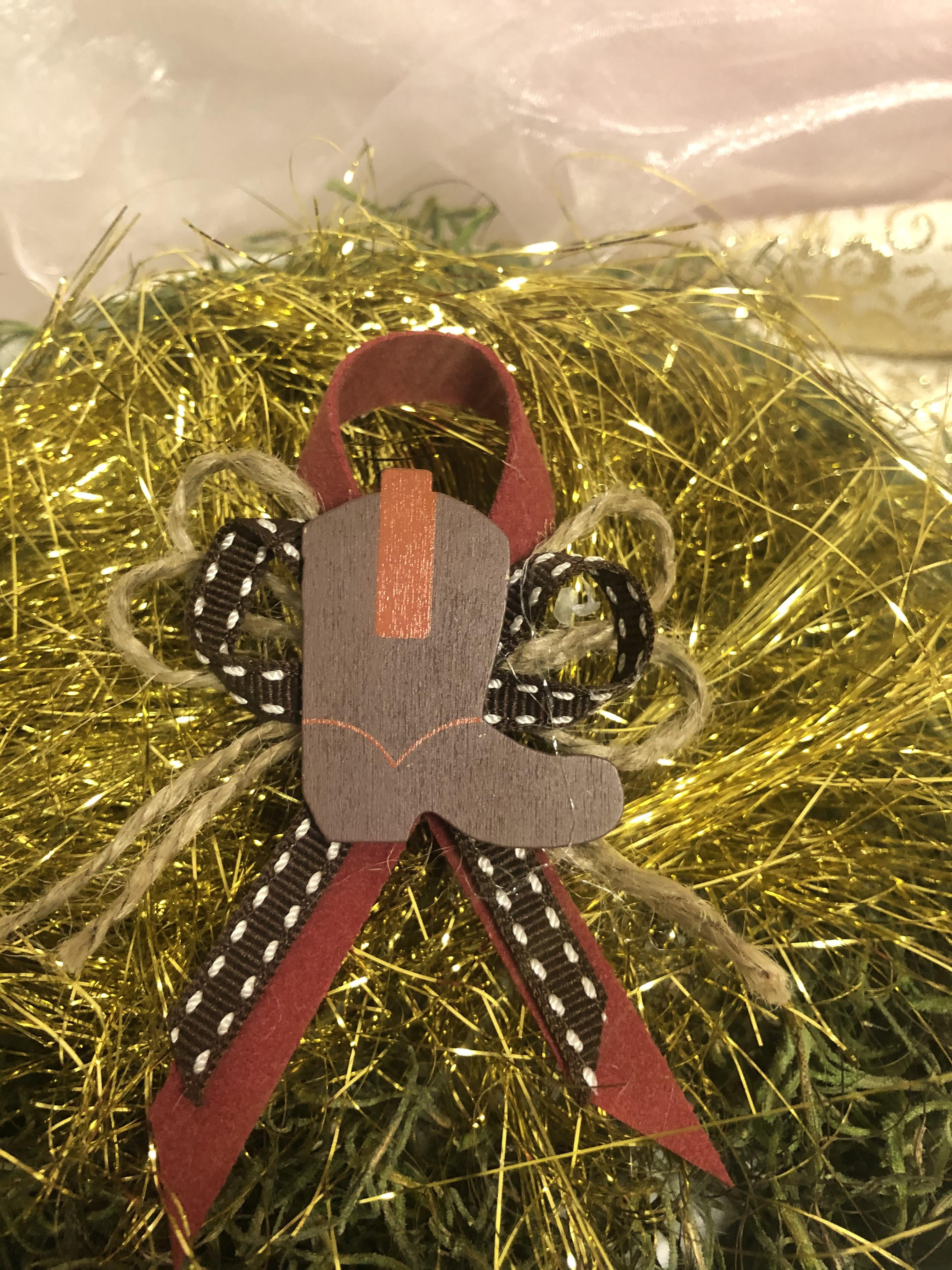 Charmed Wild Wild West CowBoy Corsage Pin Baby Shower Favors for Baby Boy; 12 pieces; Brown Boots with red Sued ribbon decoration