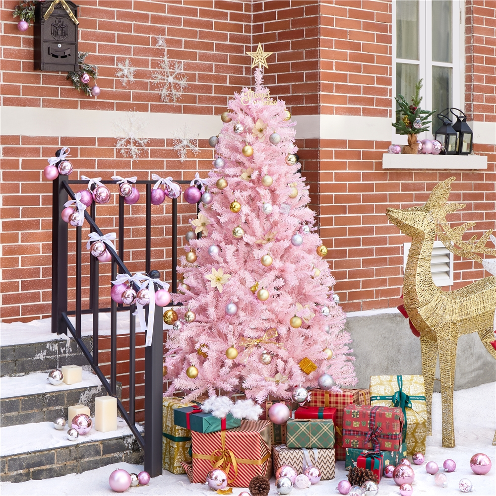 Alden Design 6FT Hinged Fir Artificial Christmas Tree with Foldable Stand, Pink