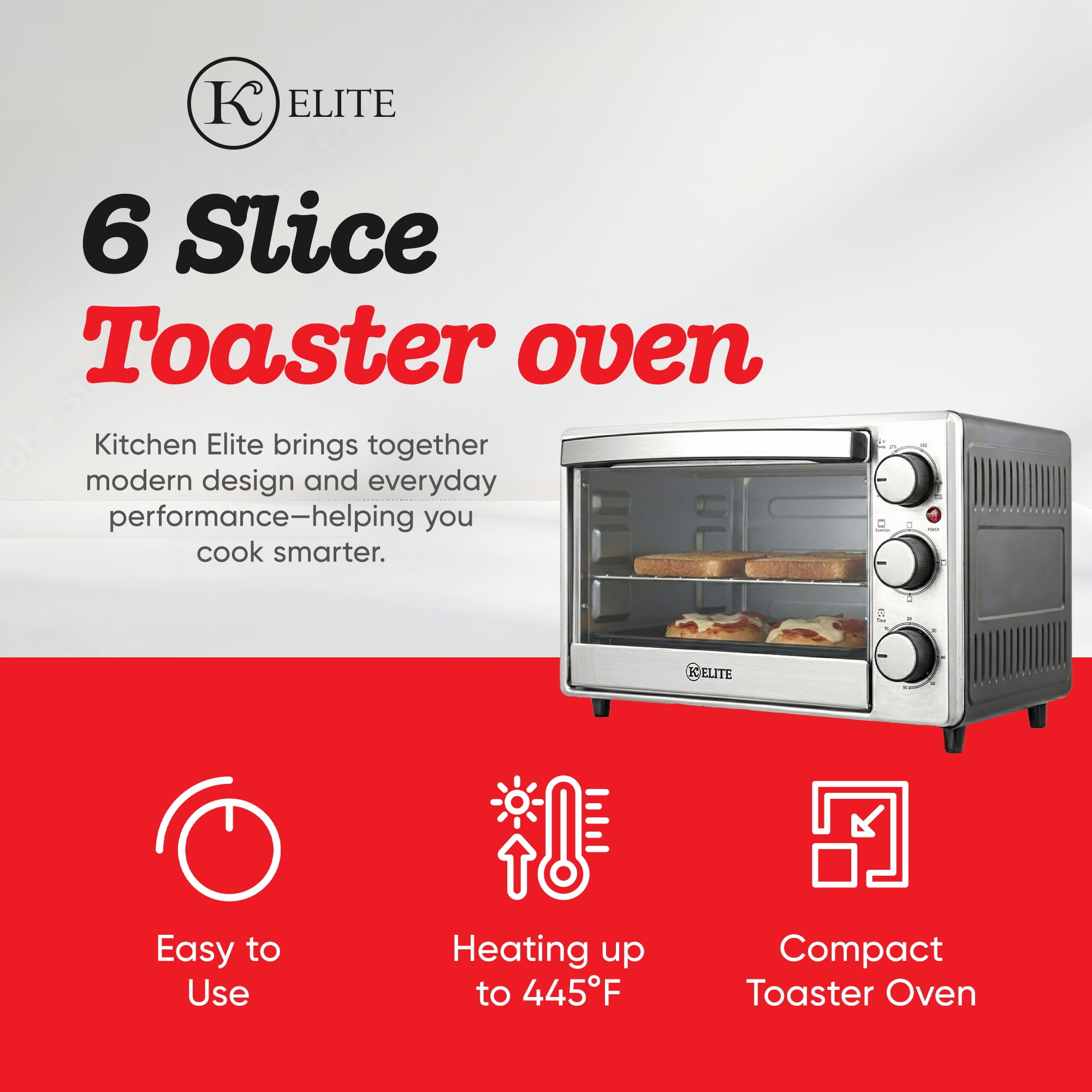 Kitchen Elite 6-Slice Compact Countertop Toaster Oven with Stainless Steel Tray