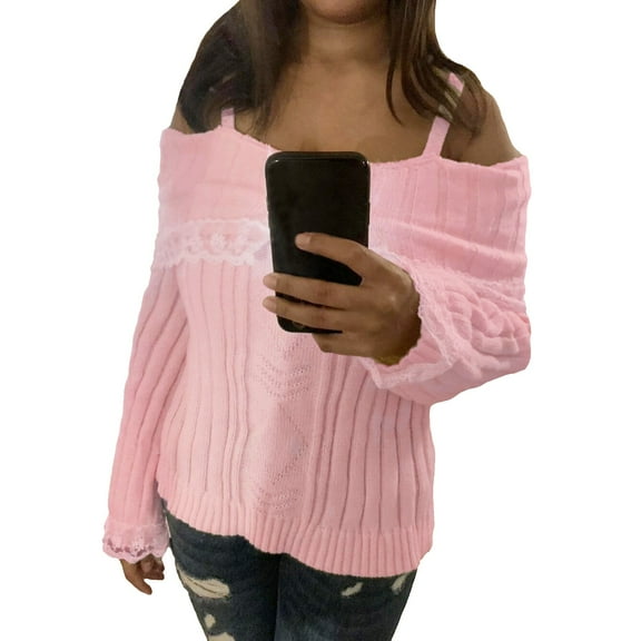 Women's Pullover Sweater Women Off Shoulder Top Long Sleeve Lace Trim Knit Shirt Fashion Cute Solid Pullover Sweater for Casual Wear