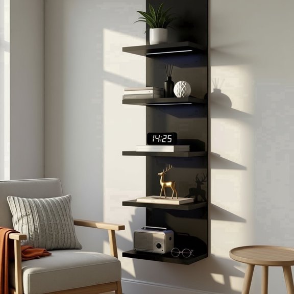 Open Box Bloddream Global Inc Black 5-Tier Remote Control RGB Lighted Wall Floating Shelf, Modern Industrial Style Vertical Storage Cabinet, 103-01-0005BK