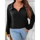 thumbnail image 5 of Camiseta de polar de manga larga con cuello en V y corte holgado para mujer de talla grande en color liso de otoño e invierno, 5 of 6
