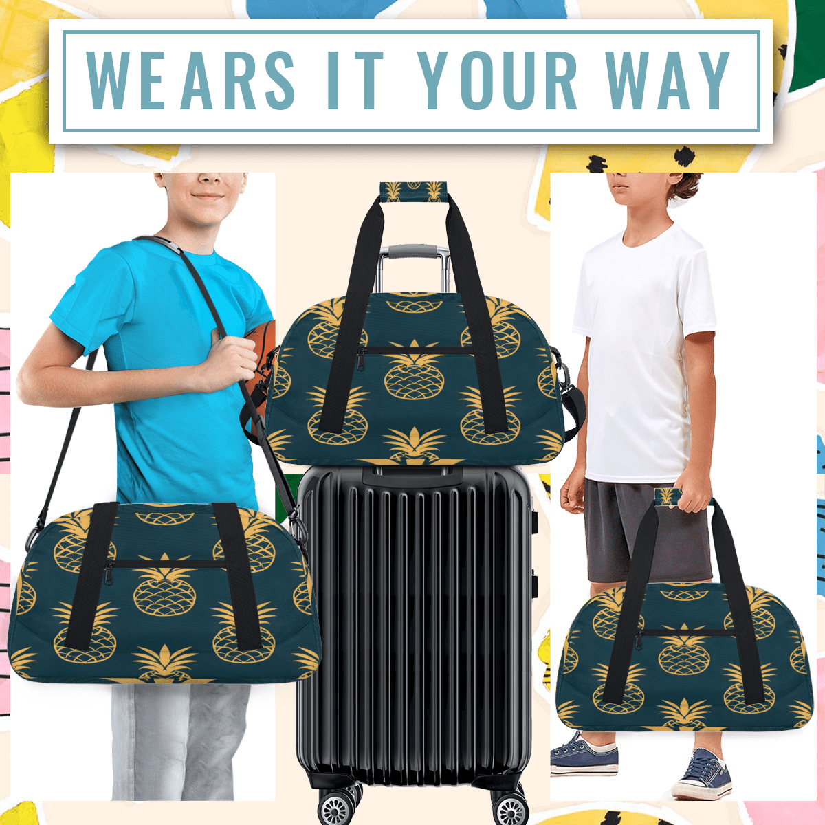 Herdesigns Pineapple Sports Duffle Bag for Women & Men, Golden Gym Bag Dance Bag Overnight Bag Carry On Weekender Travel Bag