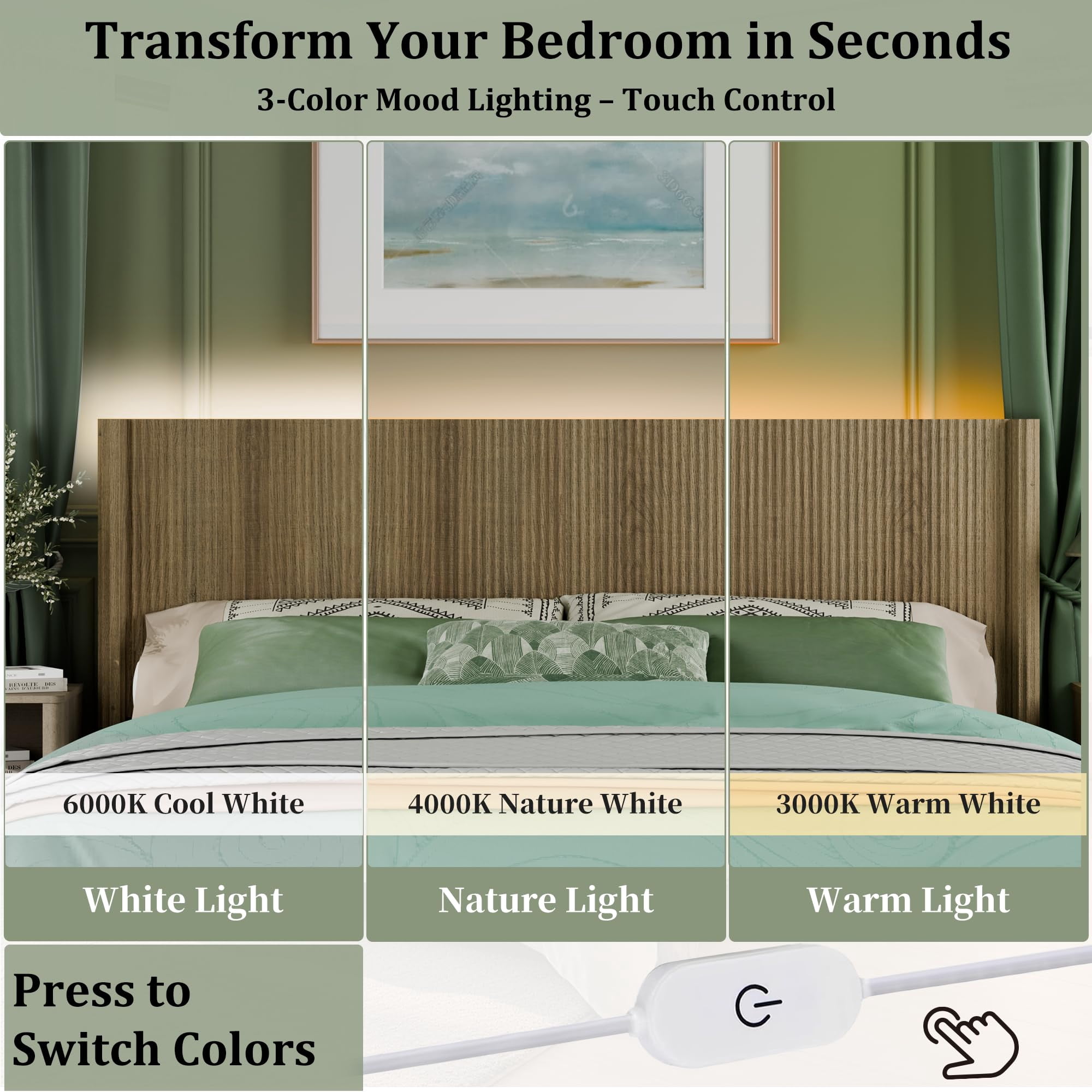 HMstone Queen Size Boho Headboard Only, Modern Fluted Wall-Mounted Head Board with Lighting, Wood Bed Headboard Stylish Bedroom Decor, Natural
