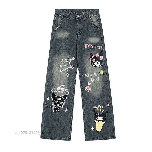 Sanrio Kuromi Cartoon Vintage Graffiti Jeans for Women with High