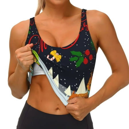 Qokaie Merry Christmas Elk Pattern Womens Scoop Neck Sports Bra Breathable Workout Vest Padded U Back Medium Impact Fitness Gym Yoga Bra Workout Crop Top
