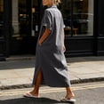 thumbnail image 5 of Sokhug Womens Maxi Shirt Dress Cotton Blend Short Sleeve Button Down Dress with Pockets Side Split Loose Casual Dresses, 5 of 6