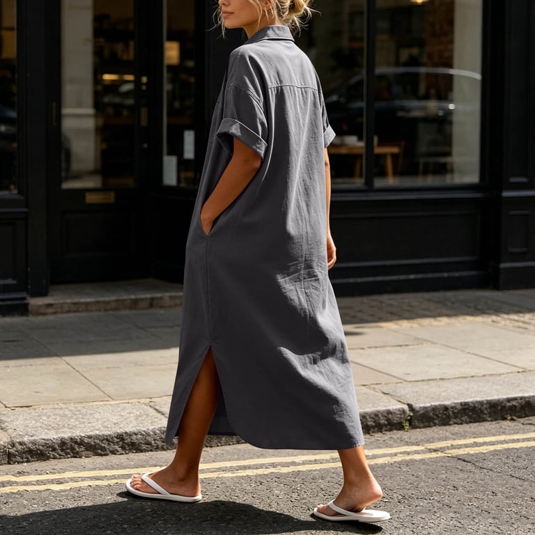 maxi shirt dress with pockets Real Essentials 3 Pack Womens Casual Short Sleeve Maxi T-Shirt Dress with Slit (Available In Plus Size)