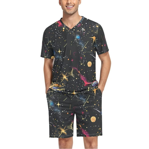 joogoo Men's Pajama Set Glittering Galaxy Black V-Neck Pj Shorts Set 2 Piece Loungewear Sleepwear L