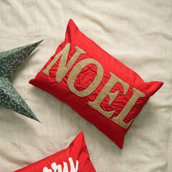 Handcrafted Red Noel Beadwork Lumber Pillow: Perfect for the Season-24X16"