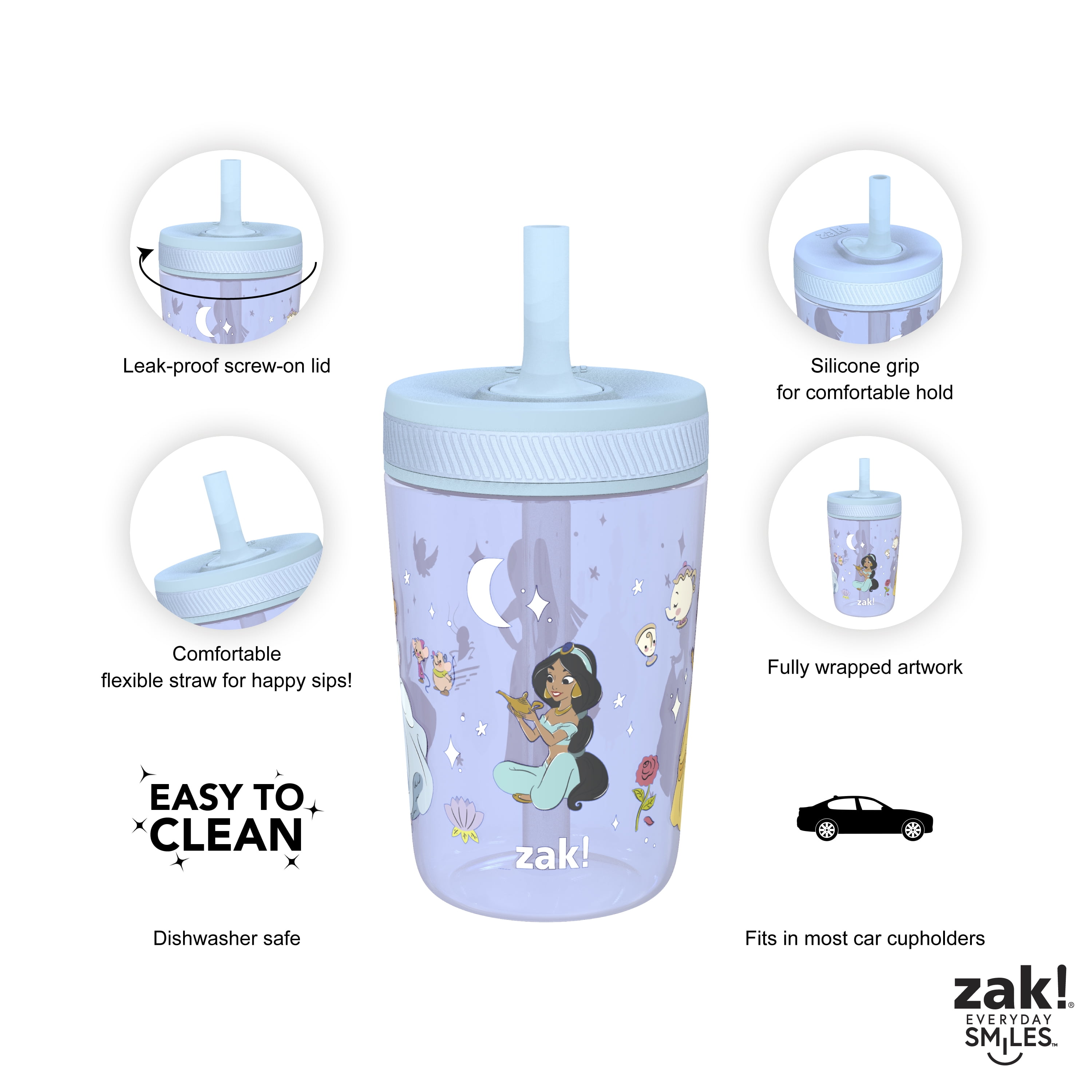New ZAK Lot 4 Disney PRINCESS TUMBLERS Plastic Drink Cups Water Juice Milk
