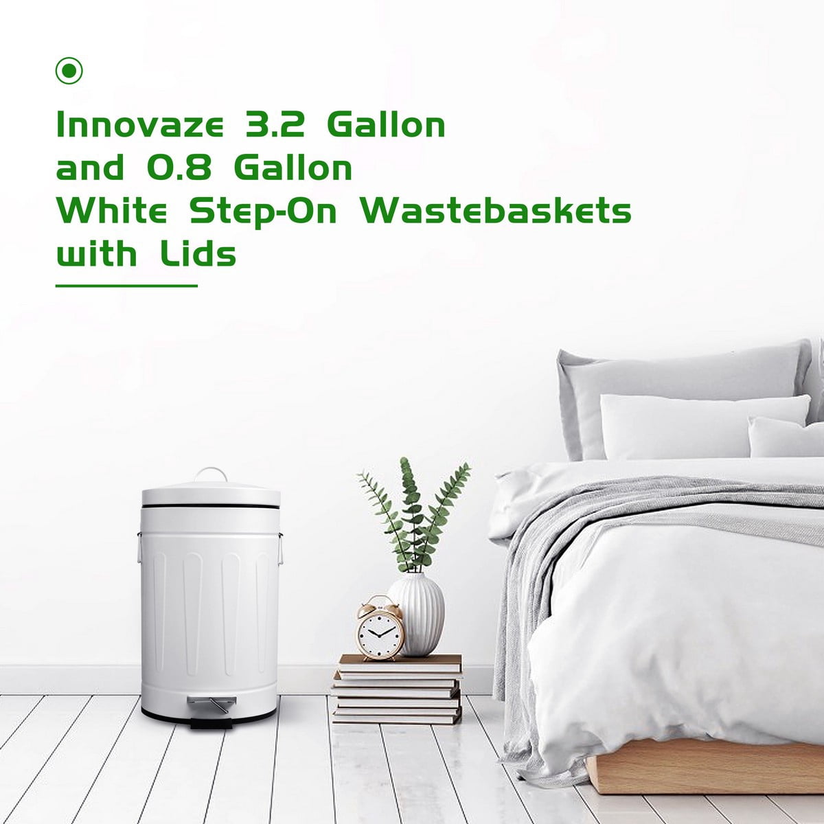 Innovaze 3.2 Gallon and 0.8 Gallon Round Bathroom and Office Carbon Steel Step Trash Can Set,White