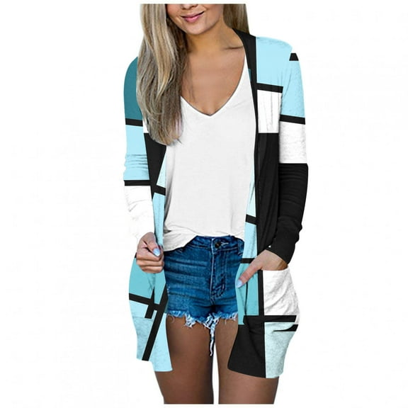 Meichang Womens Cardigan with Pockets Open Front Cardigan Casual Print Long Sleeve Light Weight Cardigans Loose Fit Fall Cardigan Top