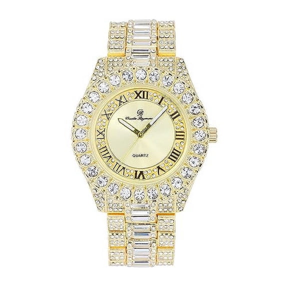Charles Raymond Big Rocks Fully Iced Out Diamond Mens Watch w/Easy Read Date &Day and Colorful Dials- Designer Hip Hop Blinged Out Timepiece - ST10535 (ST10537-RN Gold)