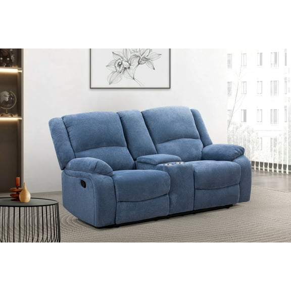 Roundhill Furniture Blitz Transitional Manual Reclining Loveseat, with Cup holders, Blue