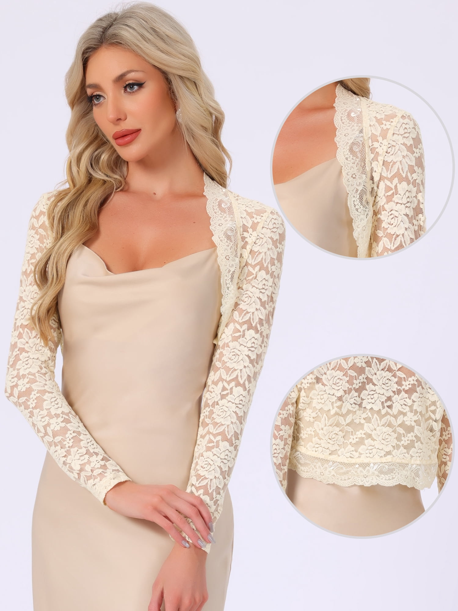 DARING DIVA Women's Floral Bolero Shrug Long Sleeve Sheer Cropped Lace Cardigan S Apricot