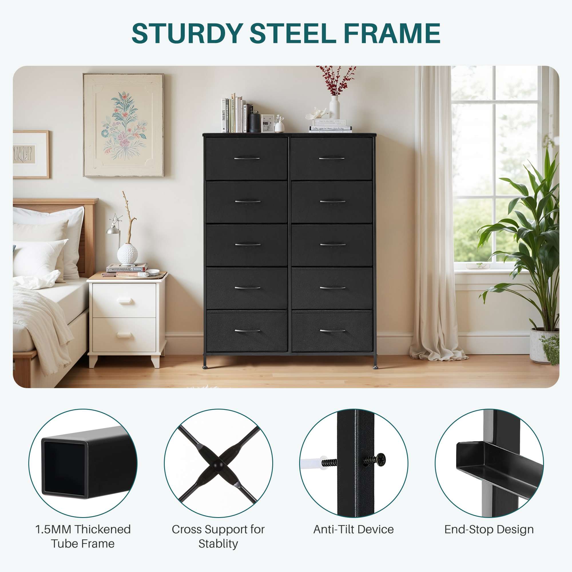 Nextay 10-Drawer Fabric Dresser for Bedroom, Storage Dresser Closet with Steel Frame & Wooden Top for Living Room, Dressing Room, Entryway, Black