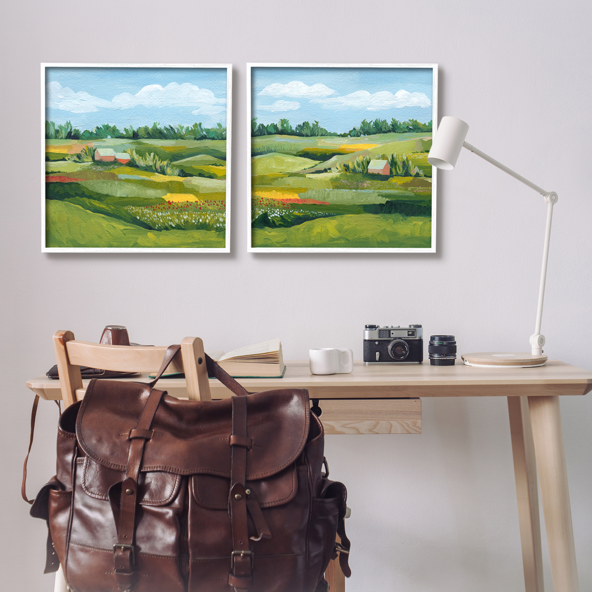 Stupell Rural Country Farm Pastures Landscape Painting White Framed Art Print Wall Art, Set of 2