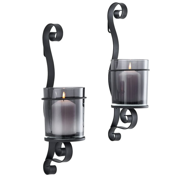 Danya B. Vintage Black Wall Sconce Candle Holder Set (2) with Smoke Glass Hurricanes