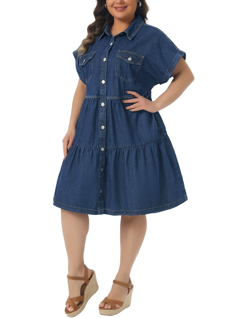 blue jean babydoll dress Agnes Orinda Women's Plus Size Denim Short Sleeve Button Down Tiered Hem Casual A-line Dresses with Pockets 1X Dark Size:38 (US 8) ESN-S22339 belted for shape Can You Wear Black